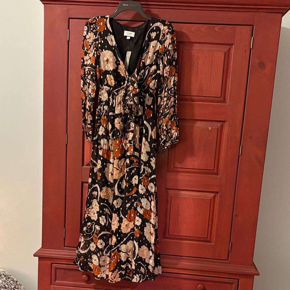 J. Crew Black and Orange Floral Long Sleeve Dress